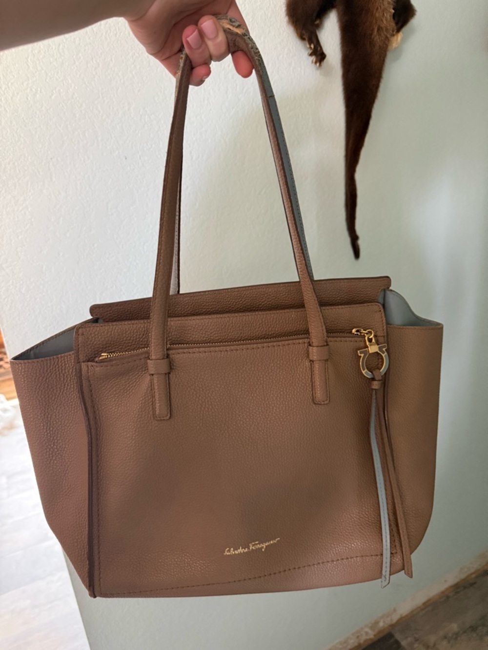 Salvatore Ferragamo Taupe Brown Pebbled Leather Tote with Gold Hardware
